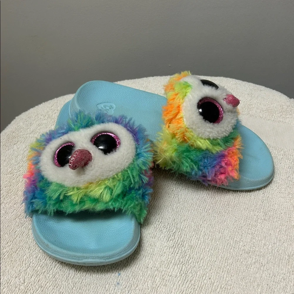 Ty Owl Owen plush colorful rainbow Kids slipOn plush Slide Sandals size 11-13
